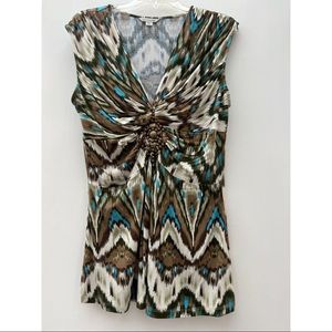 Boston Proper Green Blue Cream Boho Print Bronze Metal Embellish Sleeveless Top